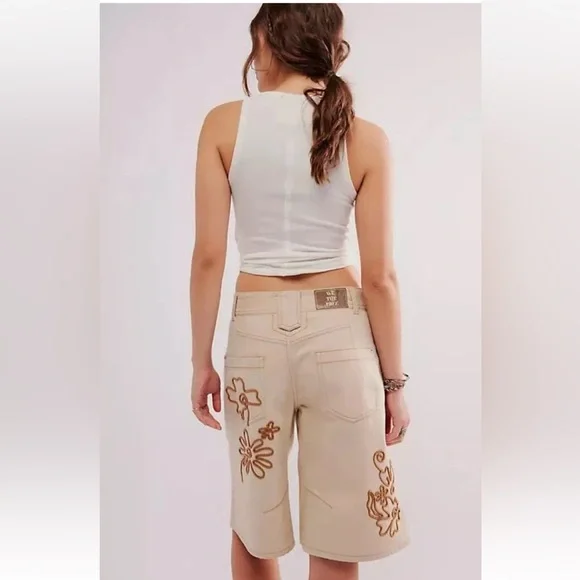 Free People We The Free Cruisin' Soutache Embellished Short Bermuda Ivory Khaki